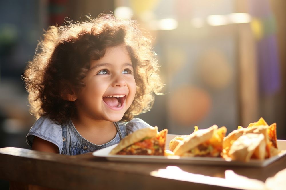 Latina child exciting food eating restaurant. AI generated Image by rawpixel.