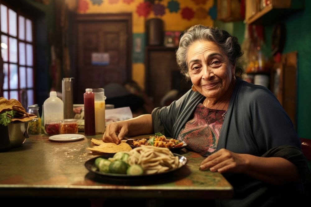 Mexican mature woman food adult table. AI generated Image by rawpixel.