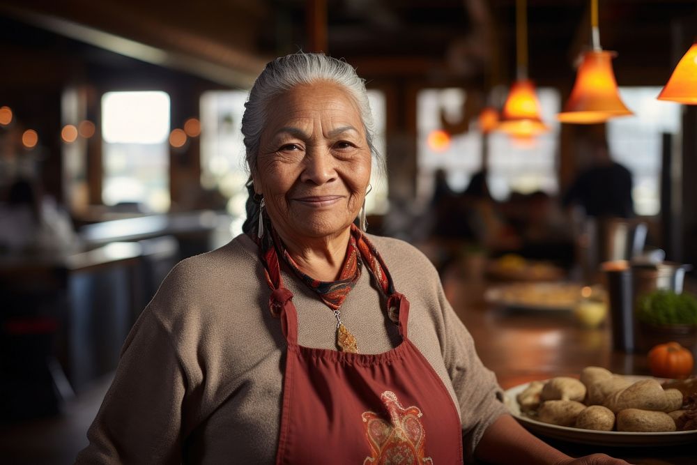 Modern senior native american woman food restaurant adult. 