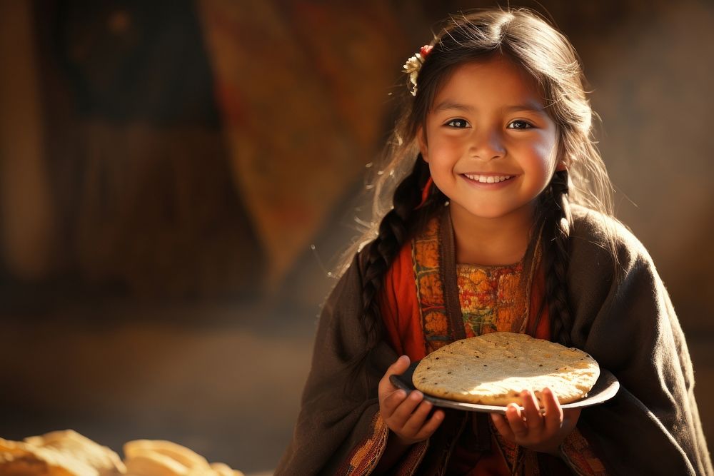 Native Peruvian girl food portrait smile. AI generated Image by rawpixel.