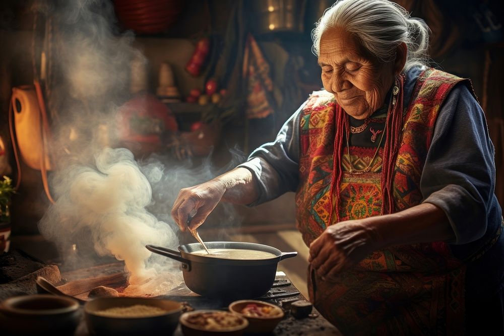 Native Peruvian grandmother cooking adult food. AI generated Image by rawpixel.