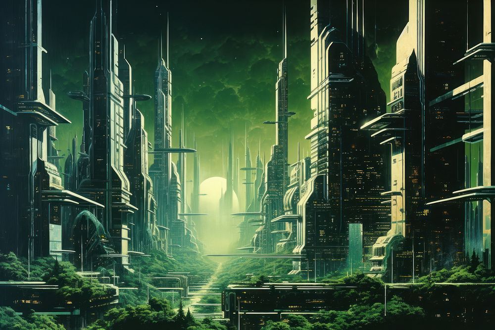 Futuristic green city architecture illuminated technology. AI generated Image by rawpixel.
