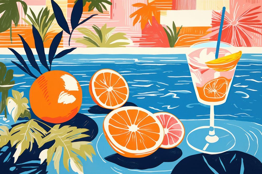 Cocktail on the poolside grapefruit painting outdoors. AI generated Image by rawpixel.