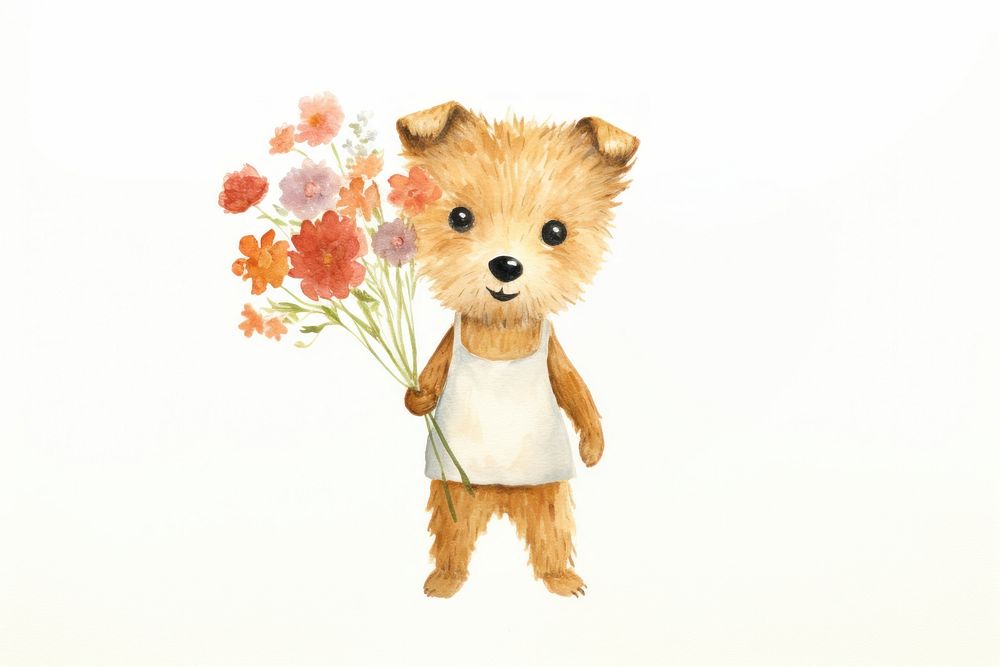 Dog holding a bunch of flowers mammal animal cute. AI generated Image by rawpixel.