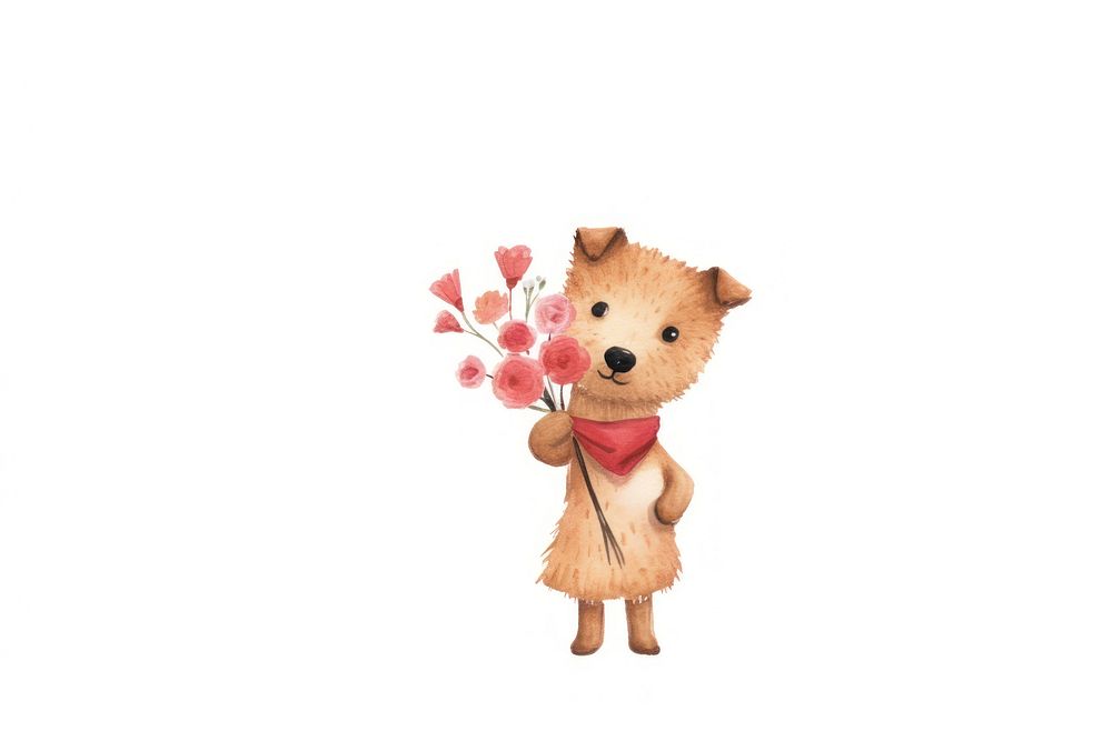 Dog holding a bunch of flowers cute toy white background. AI generated Image by rawpixel.