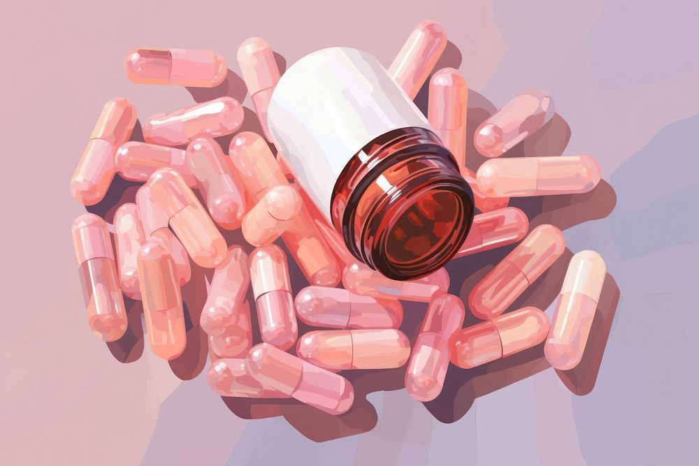 Capsules spilling out of bottle antioxidant medication container. AI generated Image by rawpixel.