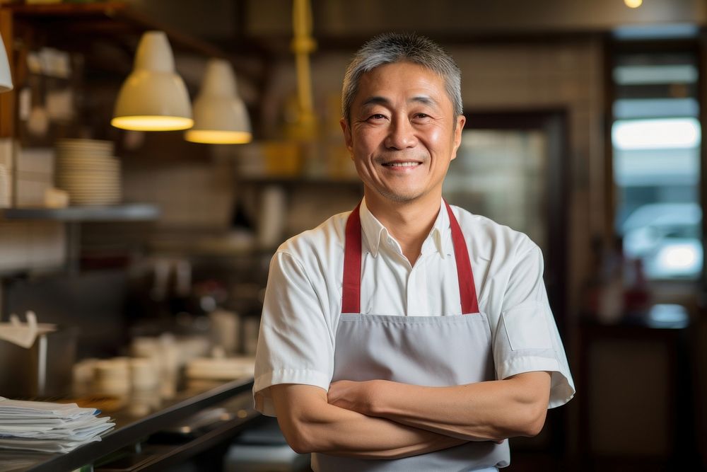 Japanese Cafe owner portrait apron chef. AI generated Image by rawpixel.