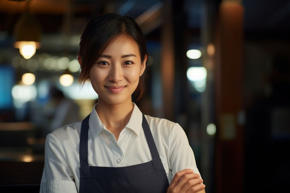 Japanese Cafe owner portrait smile apron. AI generated Image by rawpixel.
