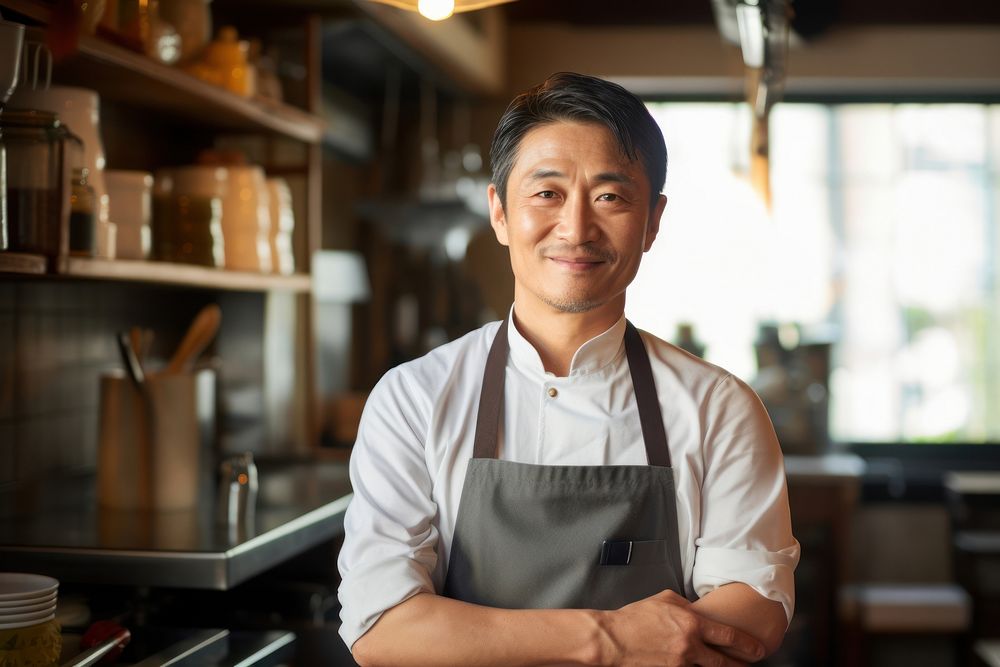 Japanese Cafe owner portrait adult apron. AI generated Image by rawpixel.