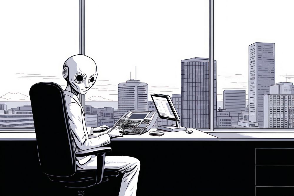 Alien working computer laptop office. AI generated Image by rawpixel.