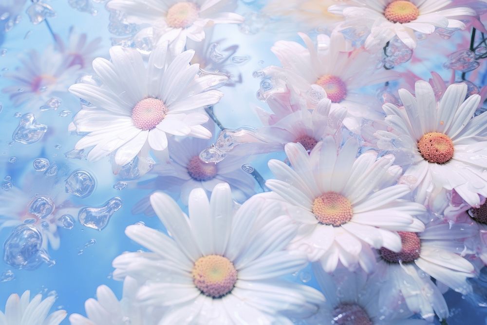 White daisys with pastel blue and pink ink backgrounds outdoors blossom. AI generated Image by rawpixel.