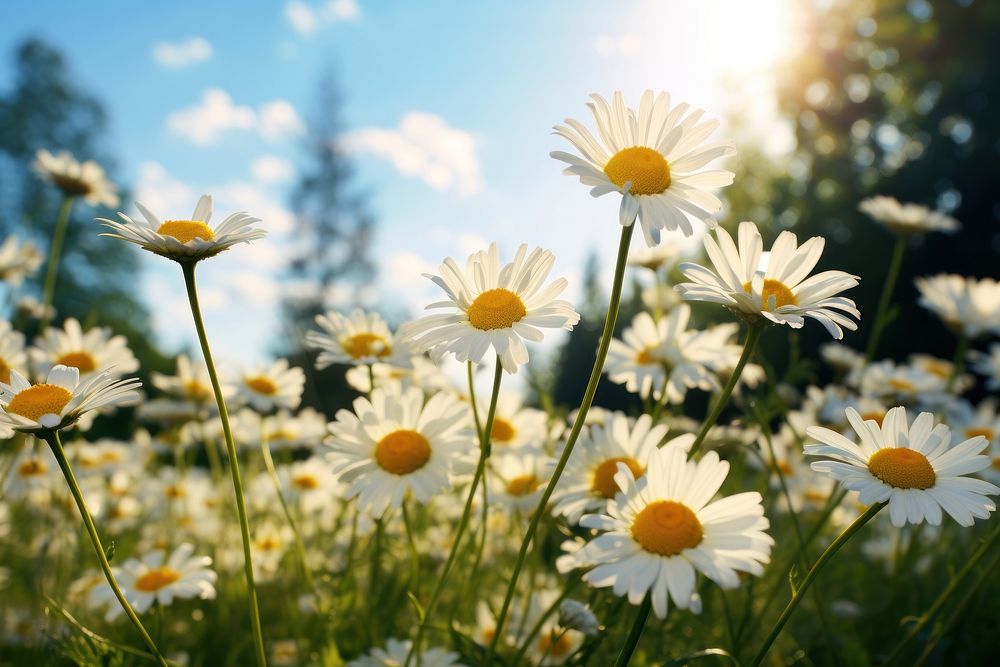Wild herb meadow with flowering chamomile summer landscape outdoors. AI generated Image by rawpixel.