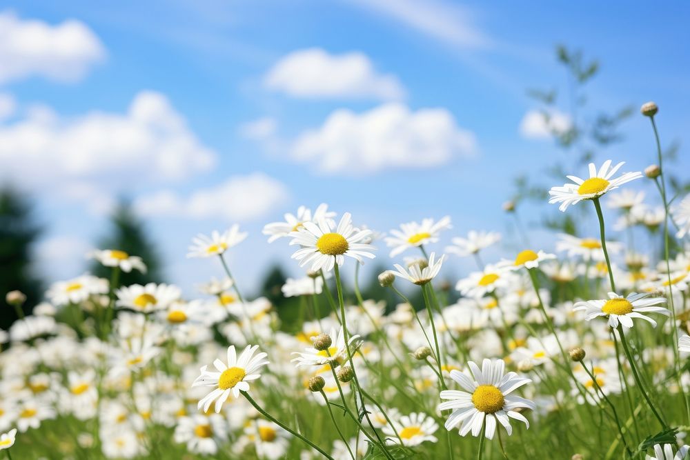 Wild herb meadow with flowering chamomile summer backgrounds landscape. AI generated Image by rawpixel.