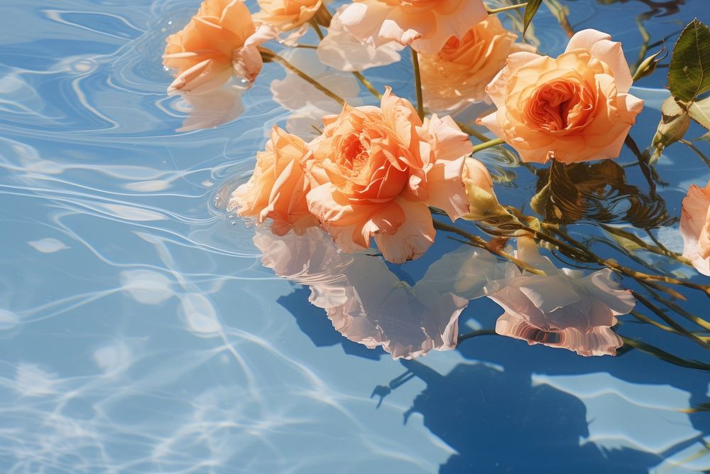 Orange roses and iris flowers in clear blue water outdoors nature summer. AI generated Image by rawpixel.