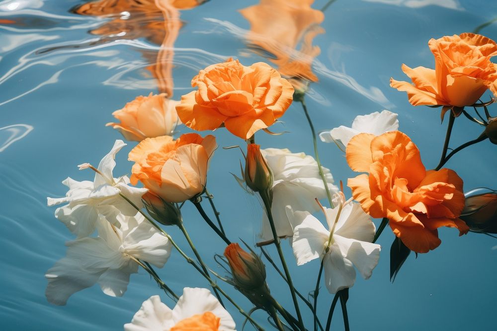 Orange roses and iris flowers in clear blue water outdoors nature petal. AI generated Image by rawpixel.