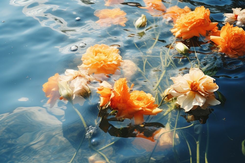Orange roses and iris flowers in clear blue water outdoors nature plant. AI generated Image by rawpixel.