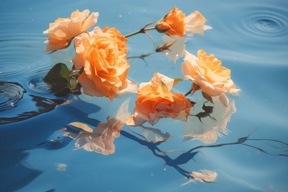 Orange roses and iris flowers in clear blue water outdoors nature petal. AI generated Image by rawpixel.