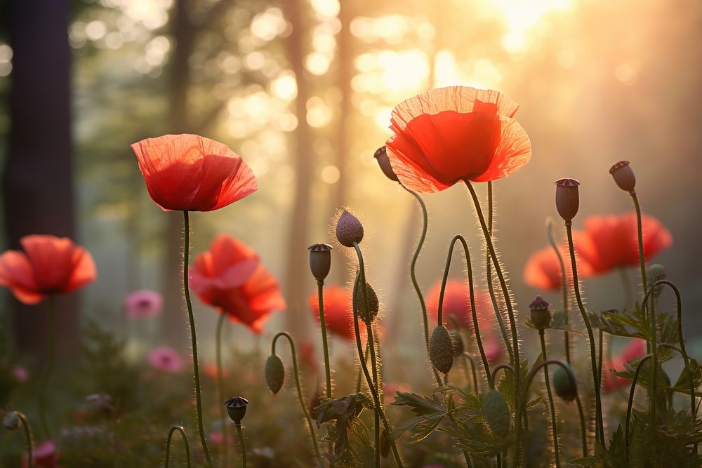 Red poppies blossom flower forest. AI generated Image by rawpixel.