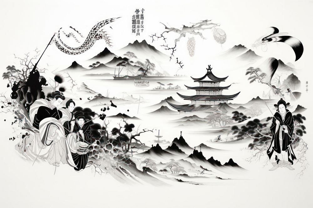 Japan traditional sumi-e drawing sketch art. AI generated Image by rawpixel.
