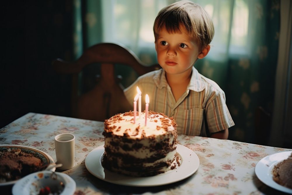 Kid and birthday cake dessert candle party. 