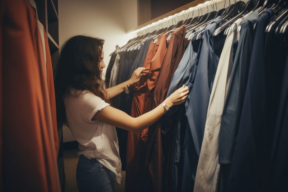 A woman side view selecting cloth closet store adult. AI generated Image by rawpixel.