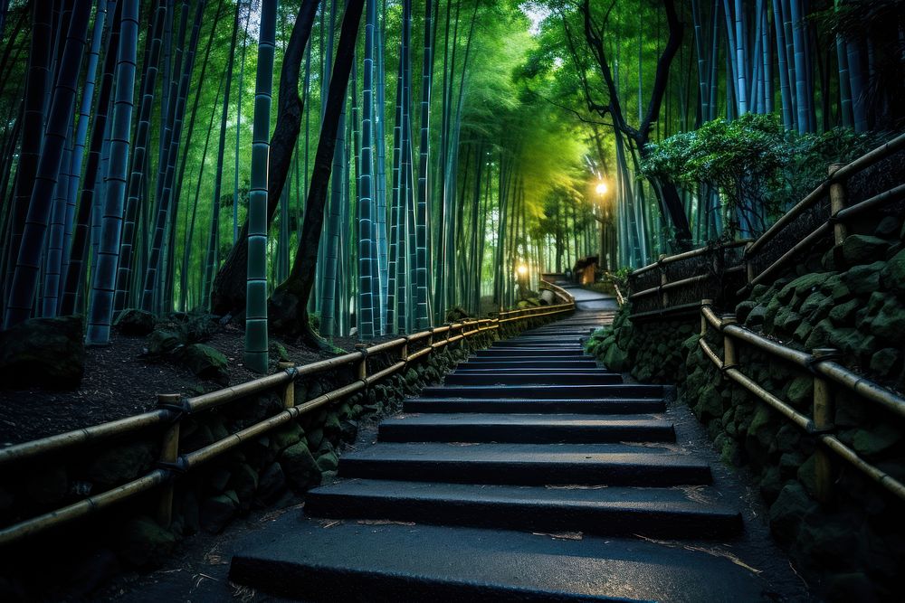 Kyoto bamboo architecture staircase. AI generated Image by rawpixel.