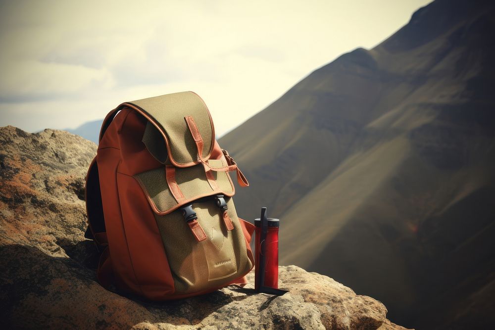 Backpack with flask mountain bag landscape. AI generated Image by rawpixel.