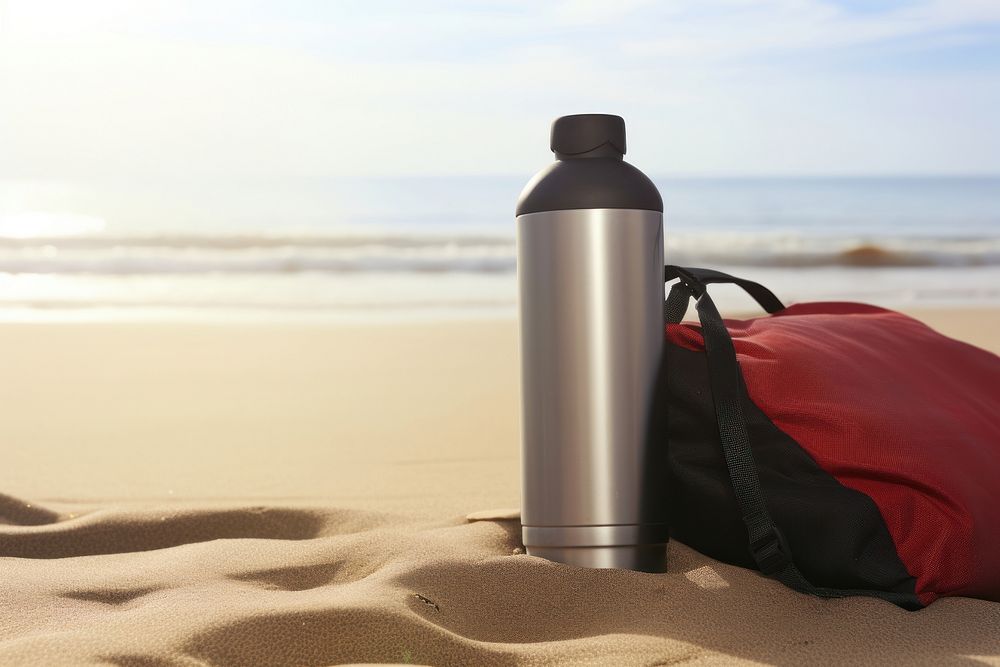 Vacuum flask bottle beach refreshment. AI generated Image by rawpixel.