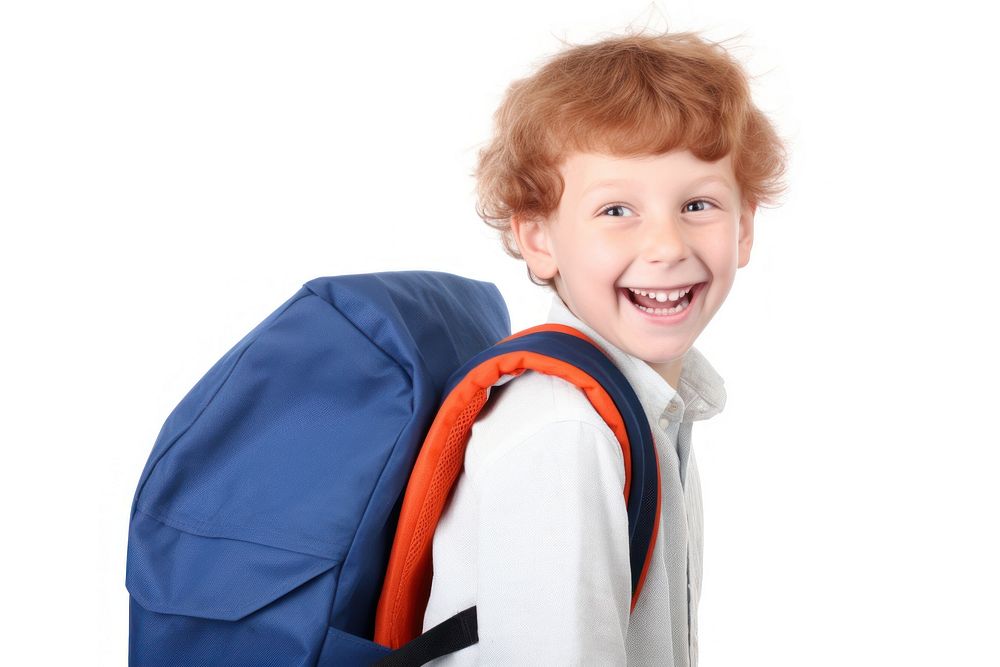 Happy child with backpack portrait smile white background. AI generated Image by rawpixel.
