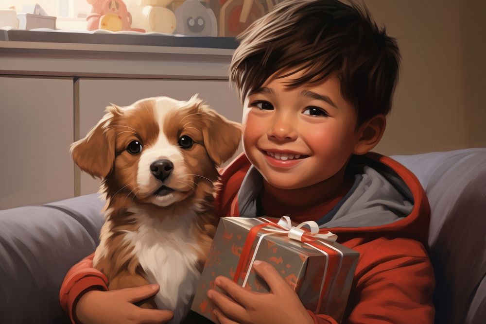 Kid recieved a puppy mammal child dog. AI generated Image by rawpixel.