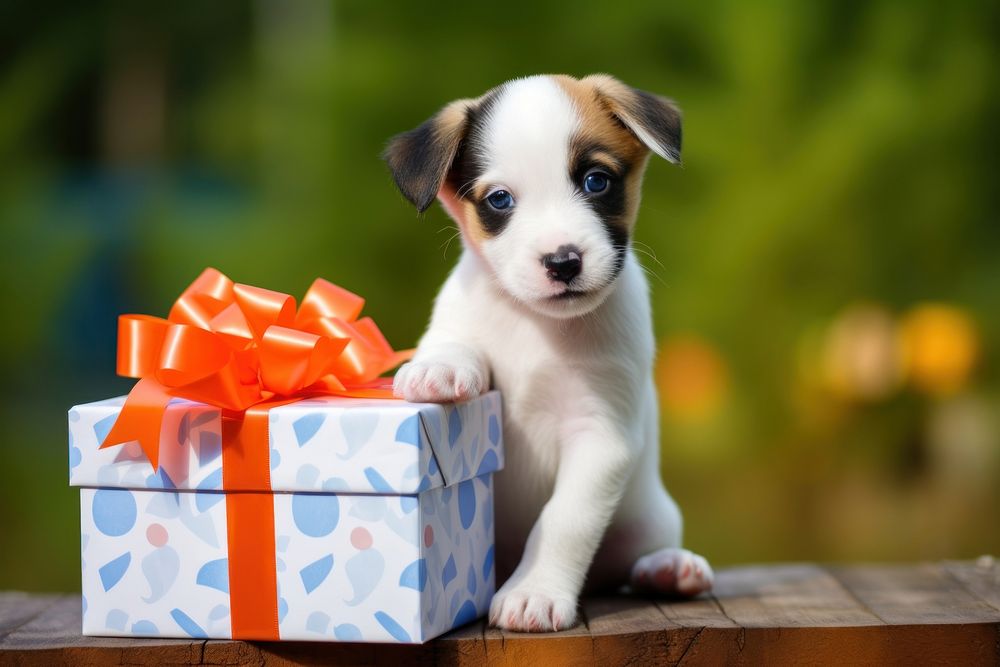 Puppy came up from a gift box mammal animal pet. AI generated Image by rawpixel.