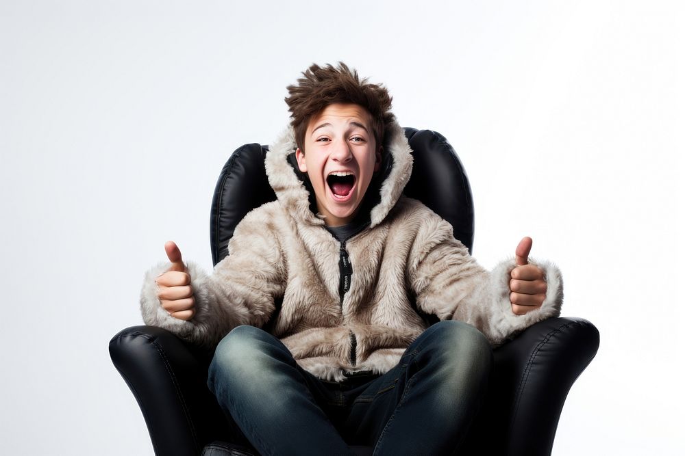 Chubby teenager sitting on bean bag chair shouting white background excitement. AI generated Image by rawpixel.
