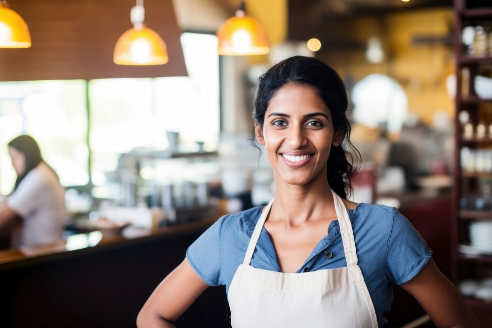 Indian woman smiling adult apron entrepreneur. AI generated Image by rawpixel.