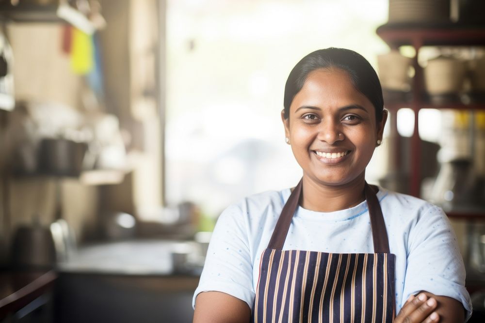 Indian woman smiling adult apron entrepreneur. AI generated Image by rawpixel.