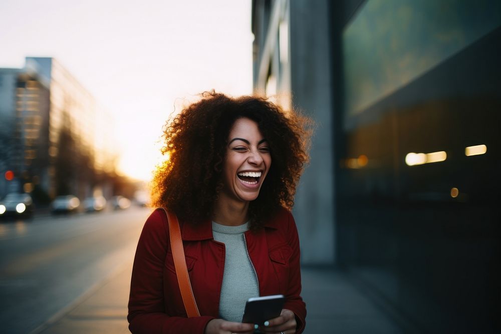 Video chat in smart phone laughing adult woman. AI generated Image by rawpixel.