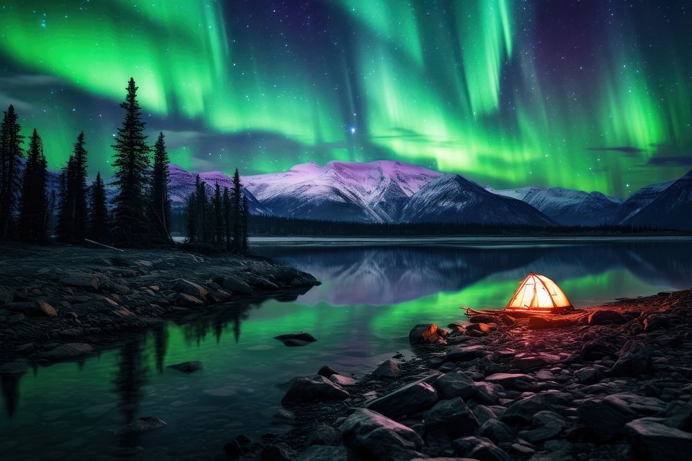 Aurora night outdoors camping. 