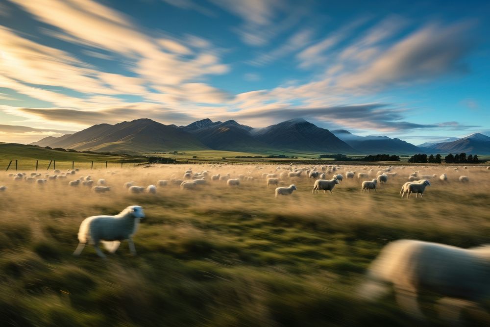 New Zealand field with sheeps herd landscape grassland livestock. AI generated Image by rawpixel.