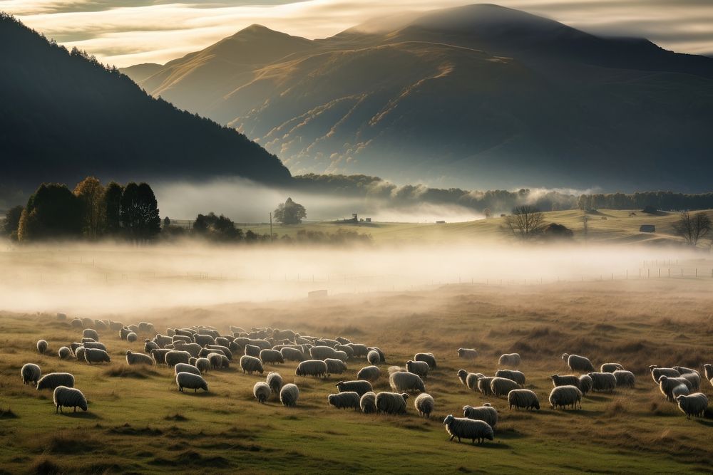 New Zealand field with sheeps herd landscape grassland livestock. AI generated Image by rawpixel.