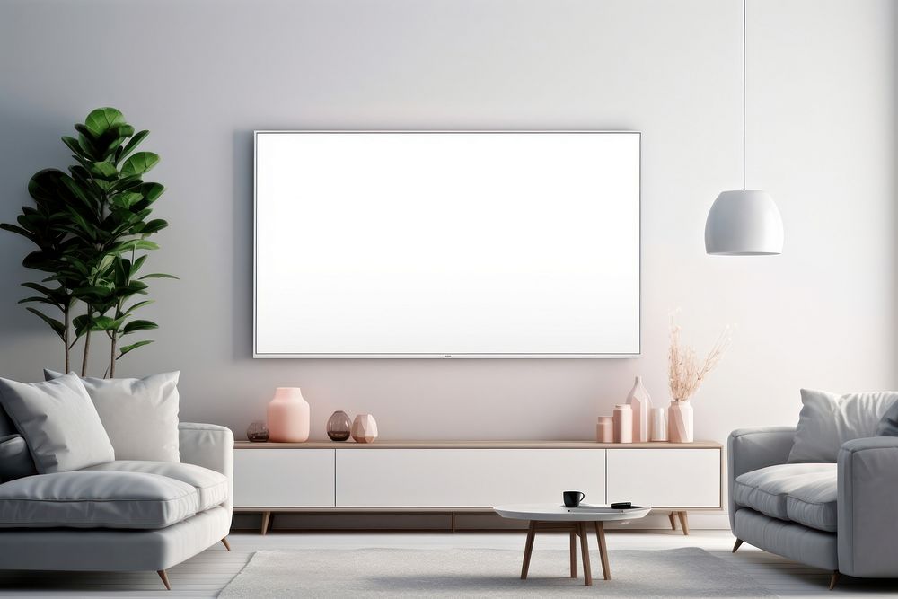 Mockup solid white blank screen room architecture furniture. 
