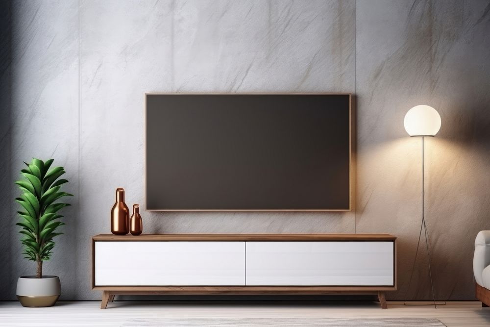 Mockup solid white blank screen television furniture sideboard. AI generated Image by rawpixel.