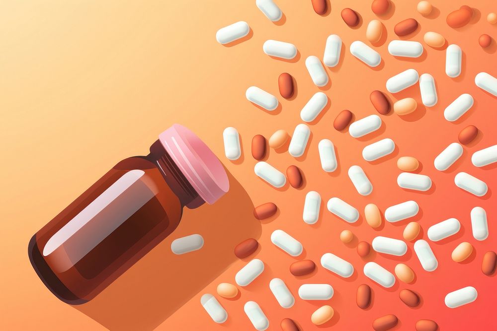 Capsules spilling out of bottle medication container medicine. AI generated Image by rawpixel.