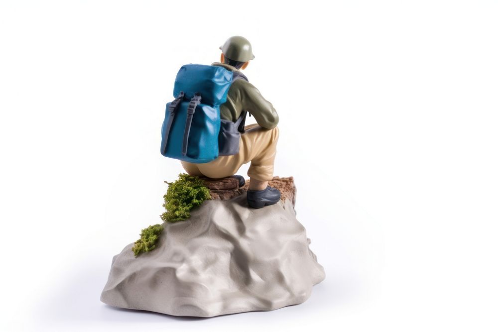 Backpacker backview on top of the mountain figurine adult white background. AI generated Image by rawpixel.