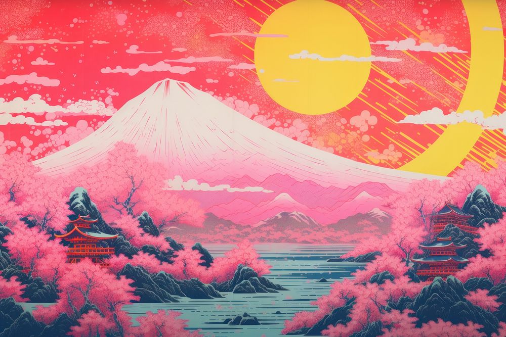 Sakura mountain outdoors painting. AI generated Image by rawpixel.