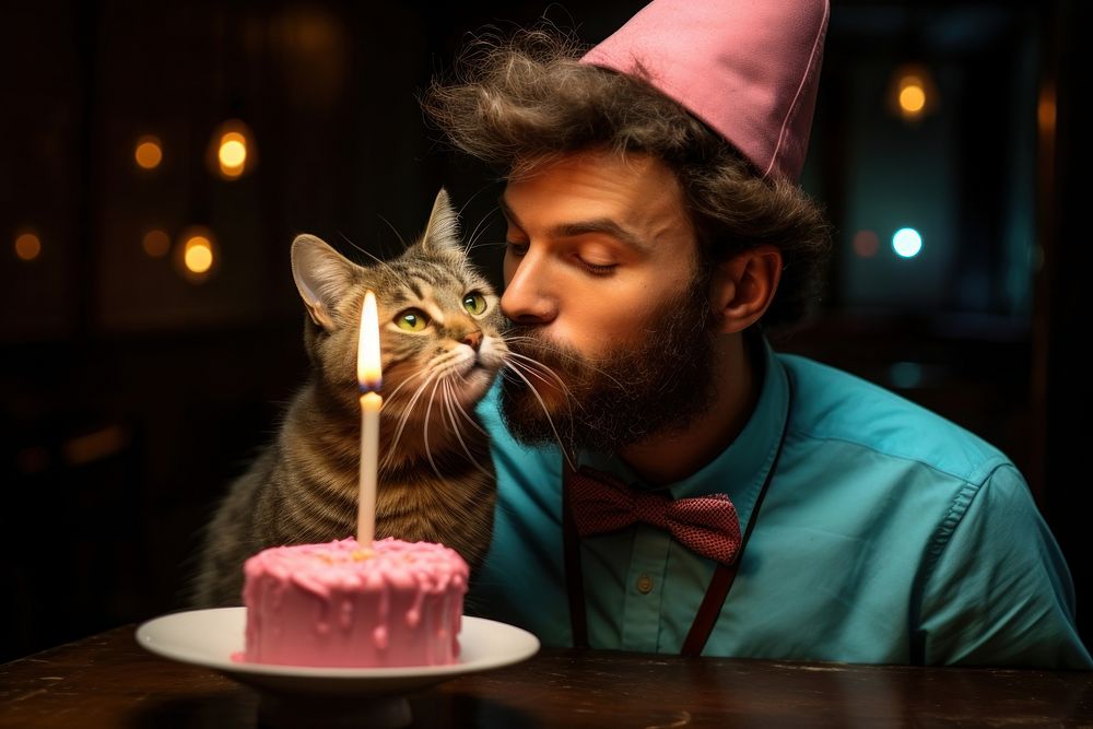 Cat wearing birthday hat party cake dessert. AI generated Image by rawpixel.