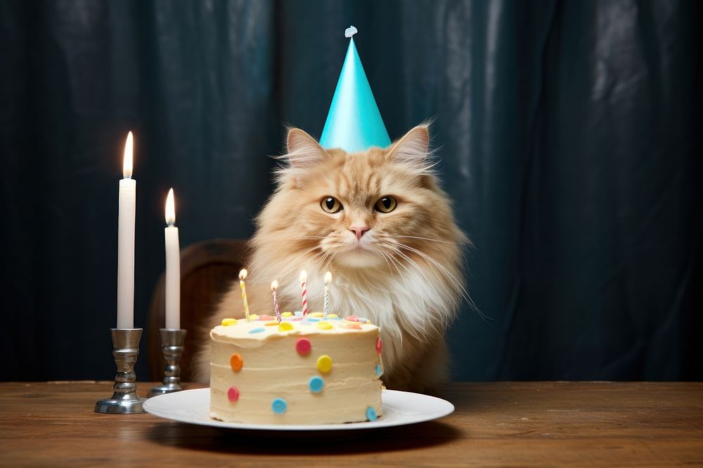 Cat wearing birthday hat party cake dessert. AI generated Image by rawpixel.