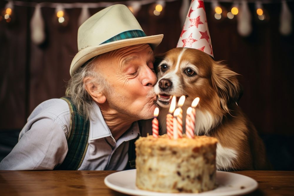 Dog wearing birthday hat party cake portrait. AI generated Image by rawpixel.
