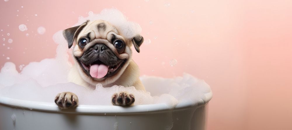 Pug dog portrait bathtub. AI generated Image by rawpixel.