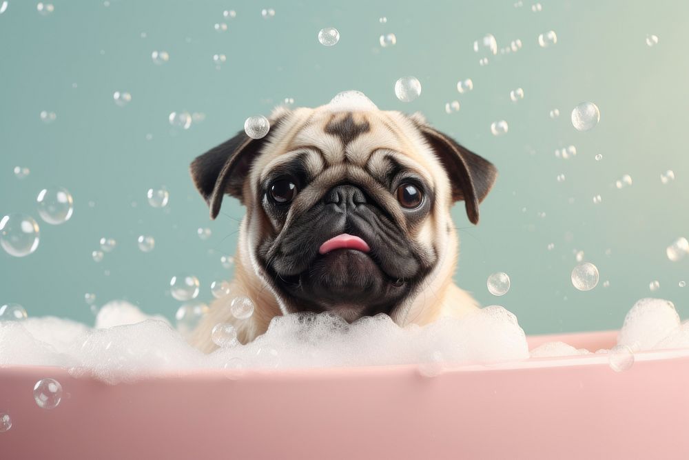 Pug dog portrait bathtub. AI generated Image by rawpixel.