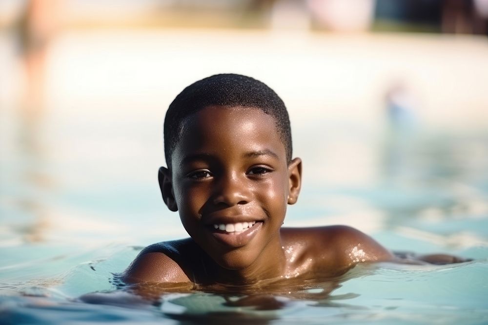 Black kid swimming portrait smiling. AI generated Image by rawpixel.