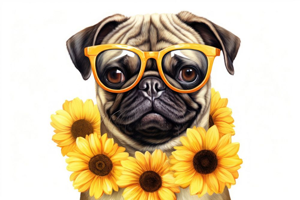 Pug with sunflower glasses animal mammal pet. AI generated Image by rawpixel.